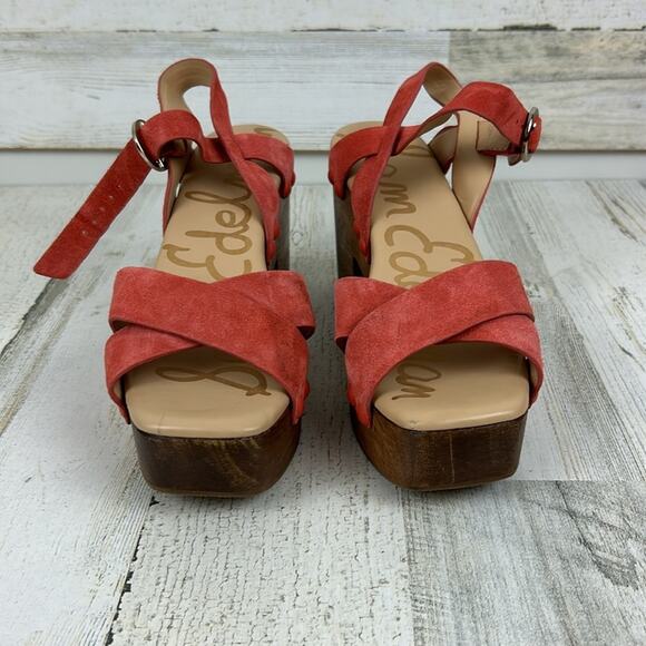 Sam Edelman Josefine Women’s 6.5 Coral Suede Strappy Sandals Wood Heel NEW - Picture 3 of 11